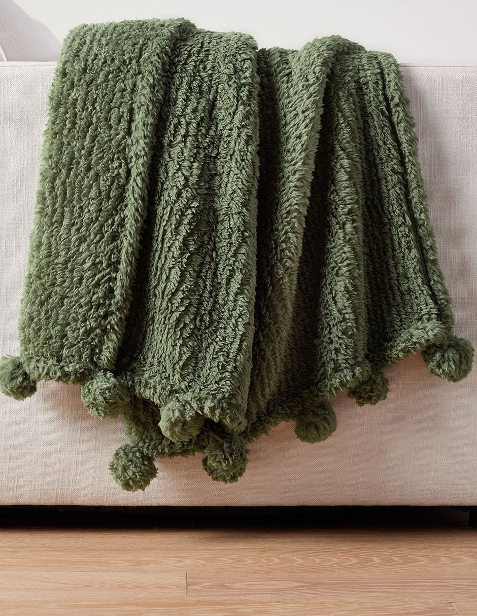 Frazada clásica de tejido plano cozy pom pom