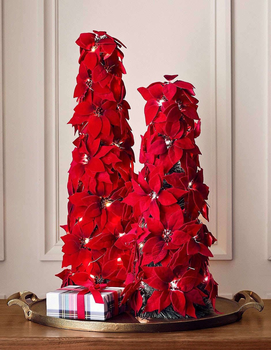 Figura decorativa navideña de flor Faux Lit Poinsettia Cone Tree 3